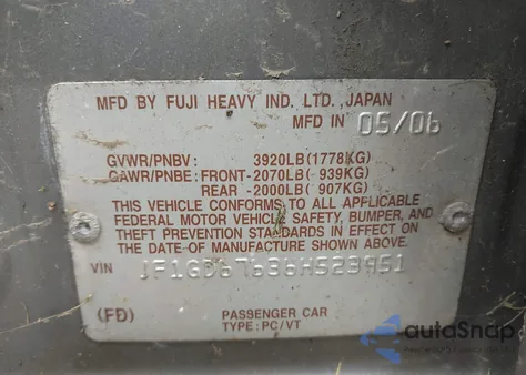 2006 Subaru Impreza 2.5I z USA, uszkodzony, nr VIN JF1GD67636H523951